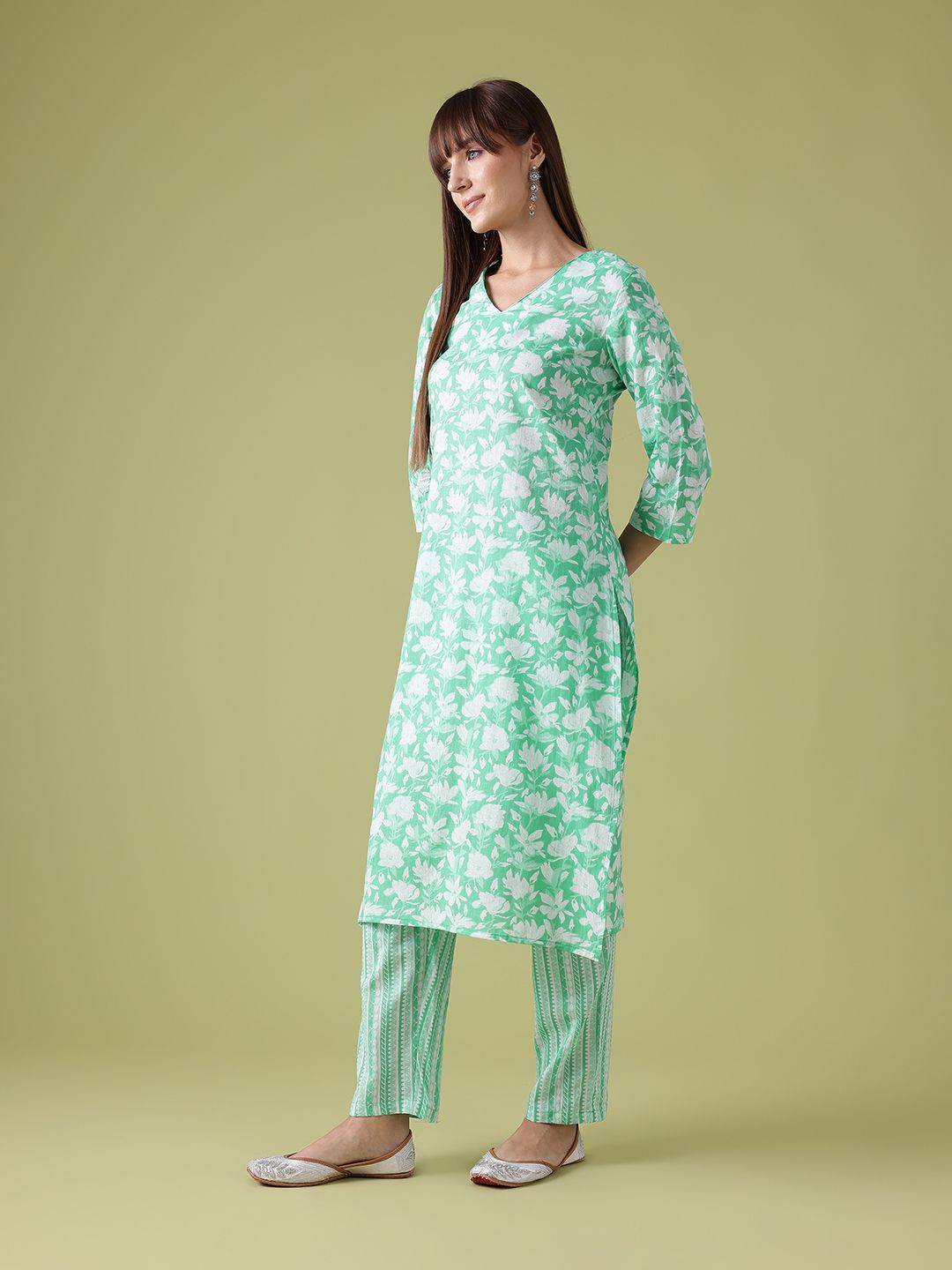 Anouk Floral Print Pure Cotton Kurta with Trousers & Dupatta
