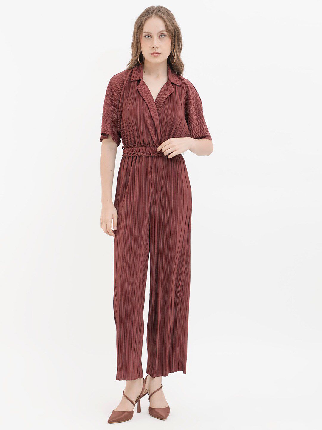 RAREISM Striped Notched Lapel Collar Basic Jumpsuit