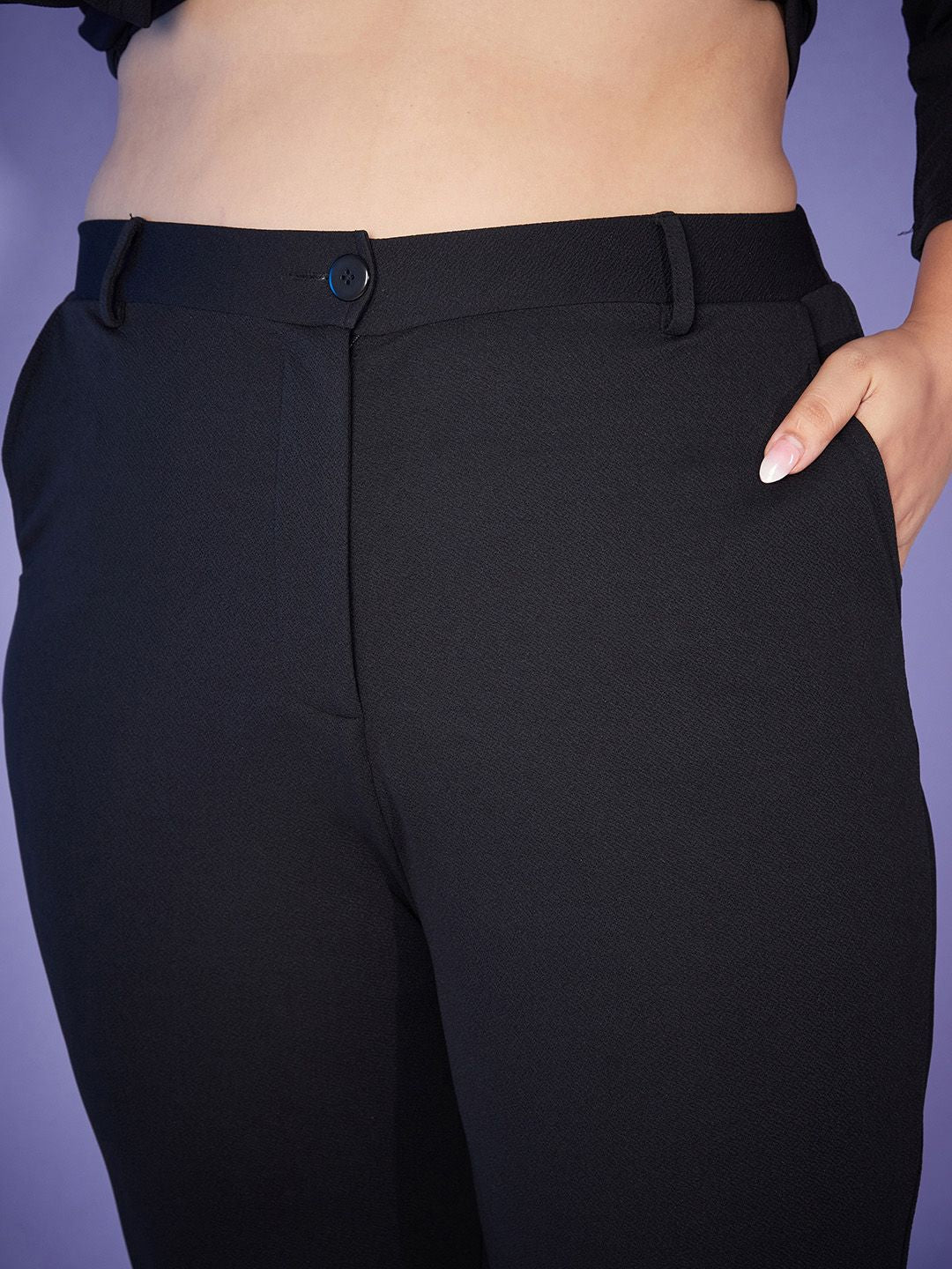 SASSAFRAS Curve Black Plus Size Key-Hole Peplum Top With Trousers Pant Co-Ords Set