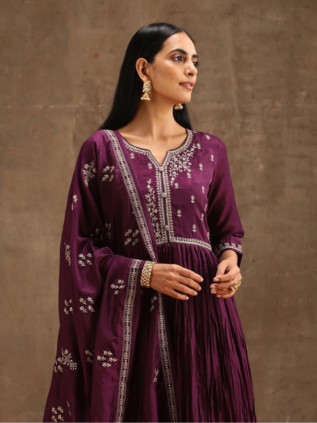 Libas Floral Embroidered Empire Sequinned Kurta With Trousers & Dupatta