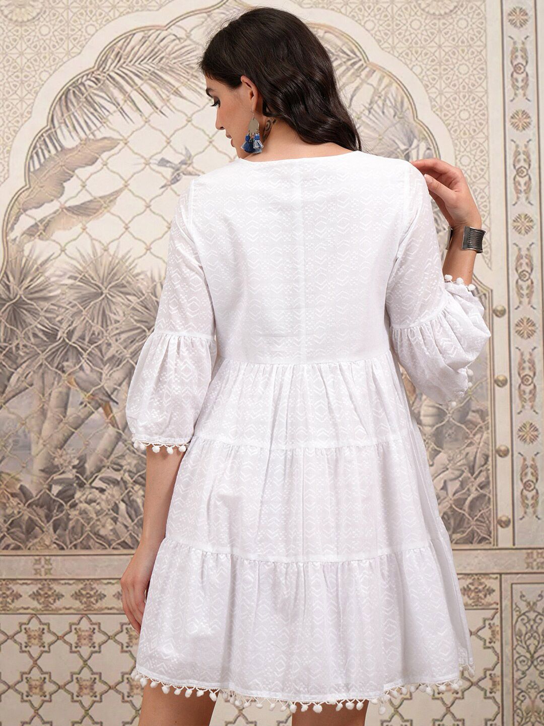 Vishudh Floral Embroidered Tie-Up Neck Cotton Bell Sleeve Fit & Flare Dress