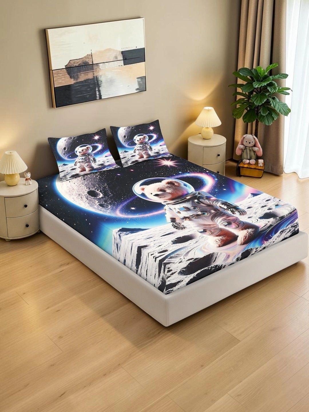 KLOTTHE Blue & Black Cartoon Characters 400 TC King Bedsheet with 2 Pillow Covers