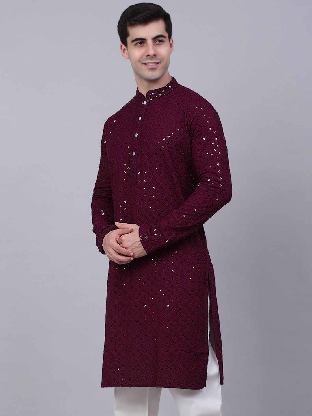 Jompers Men Ethnic Motifs Mirror Work Cotton Kurta