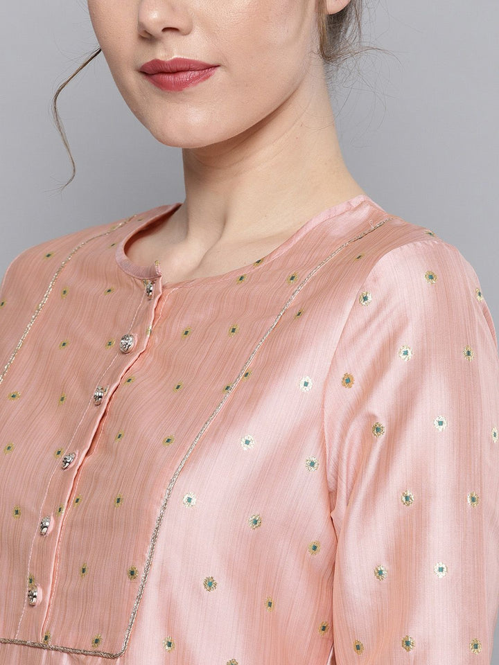 STREET 9 Women Pink & White Self Design Kurta with Trousers