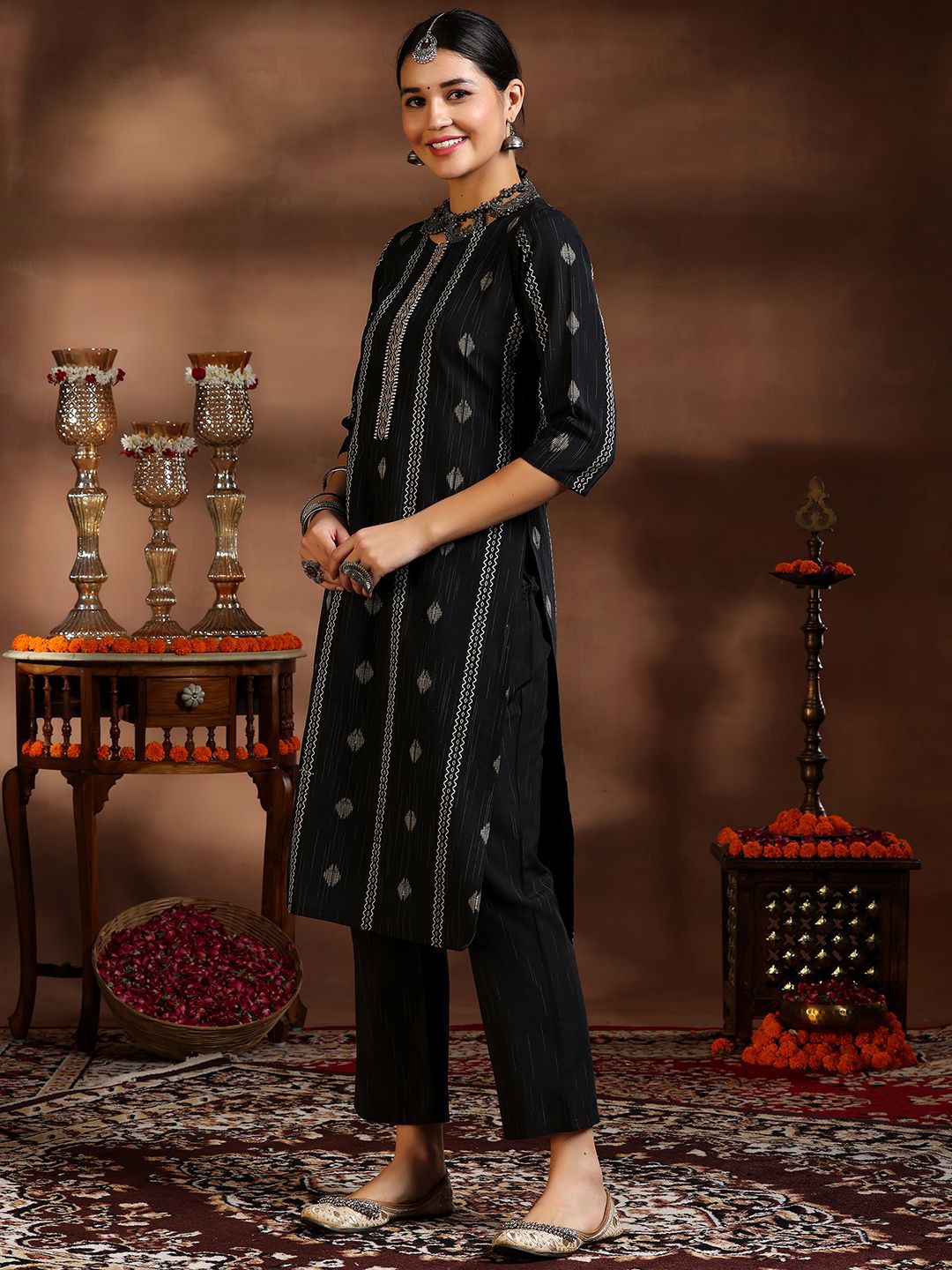 Libas Women Ethnic Motifs Regular Thread Work Kurta with Trousers & With Dupatta