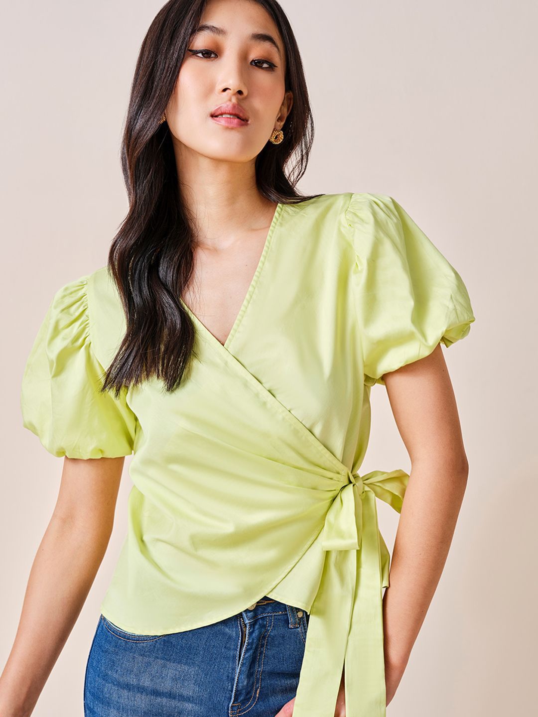 AND Women Solid Puff Sleeve Cotton Wrap Top