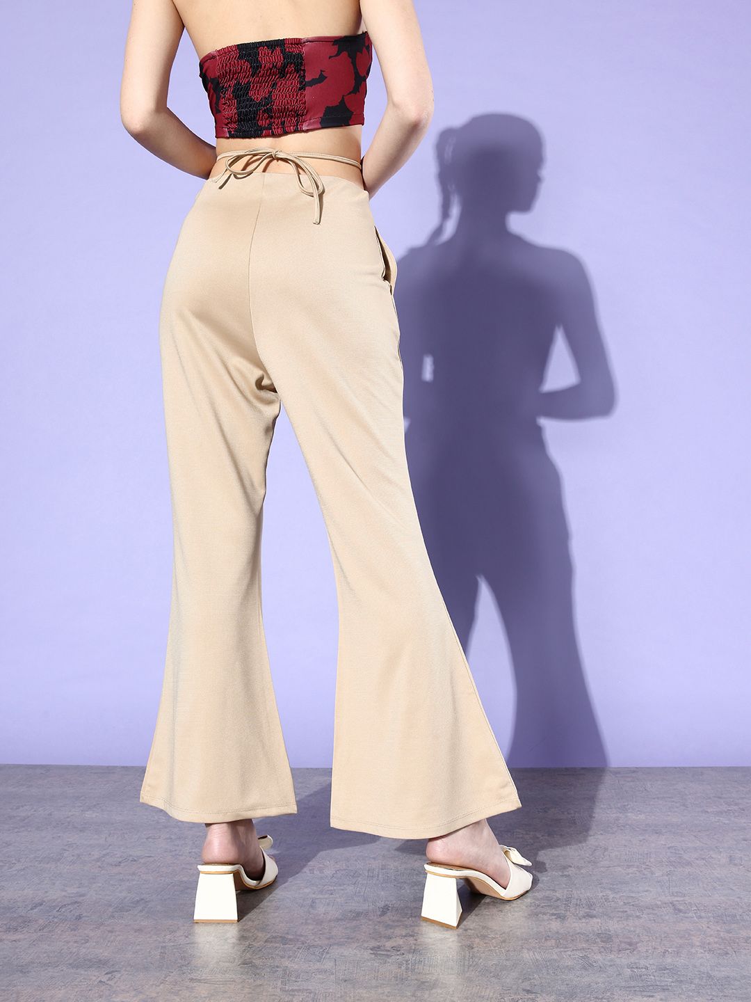 Dressberry Women Earthy Beige Waist Tie-Up Detail Hardware Trousers