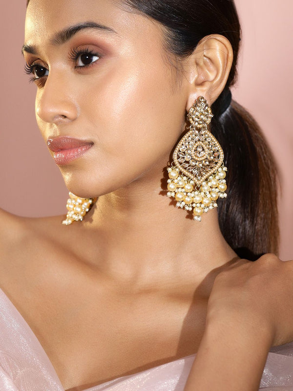 Rubans 18k Gold-Plated Kundan & Glosssy Off-White Pearl Beaded Chandelier Antings