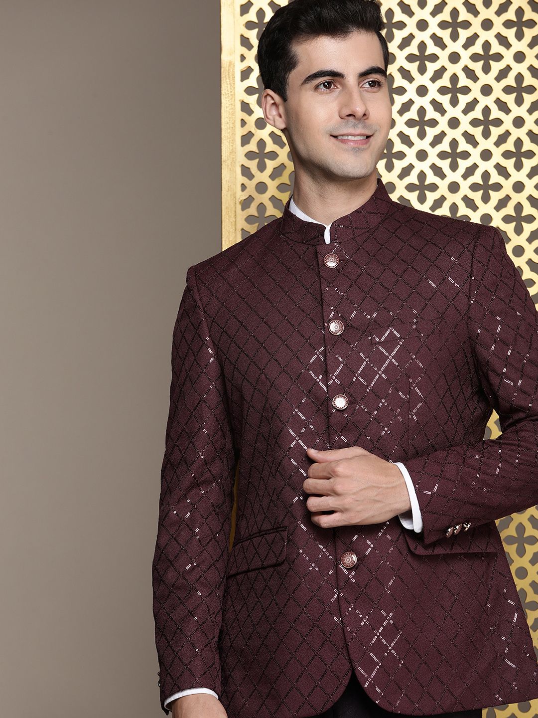 House of Pataudi Jashn Mandarin Collar Textured Sequinned Bandhgala Blazer