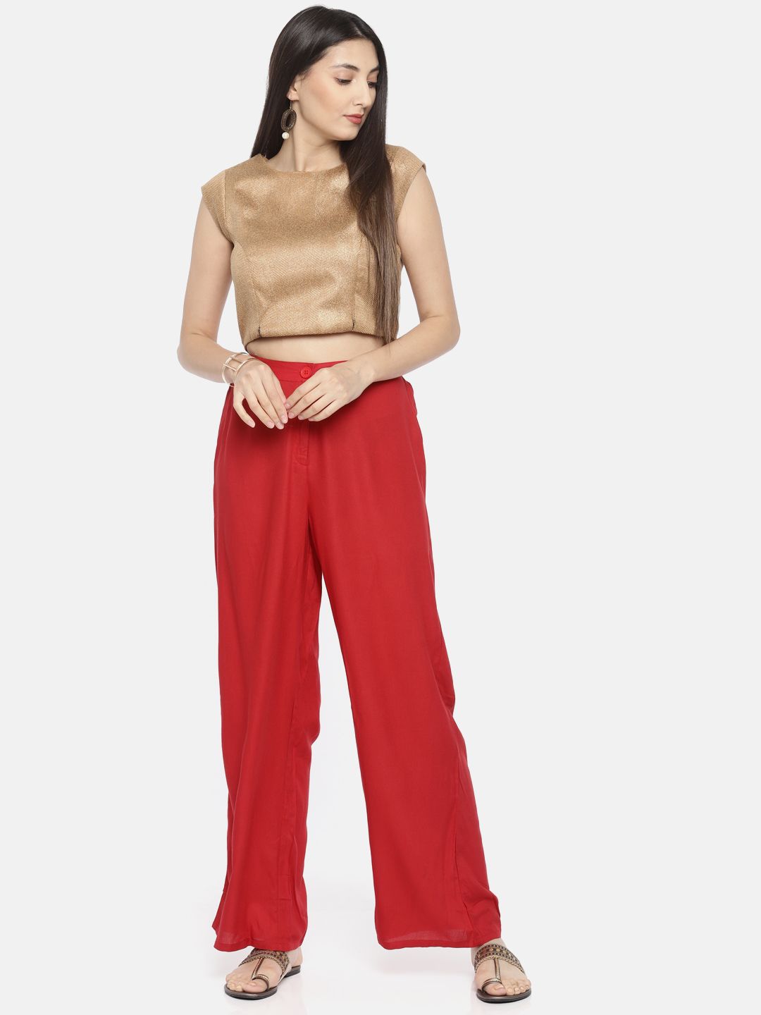 Global Desi Women Red Regular Fit Solid Parallel Trousers