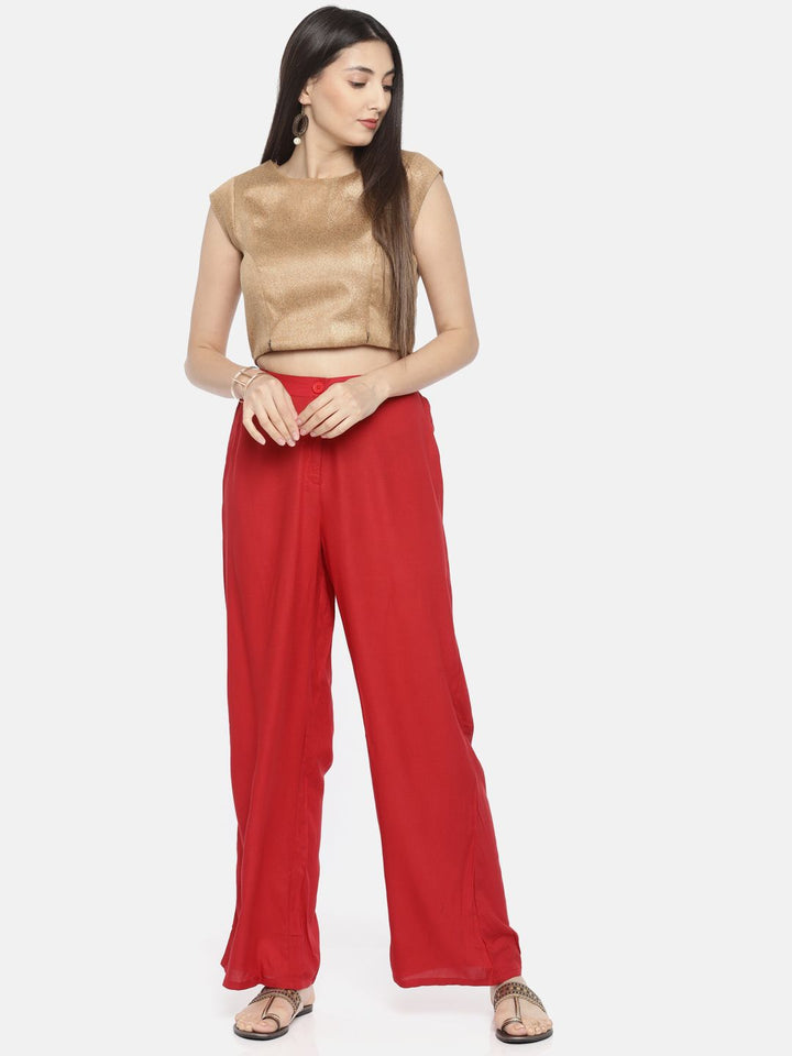 Global Desi Women Red Regular Fit Solid Parallel Trousers