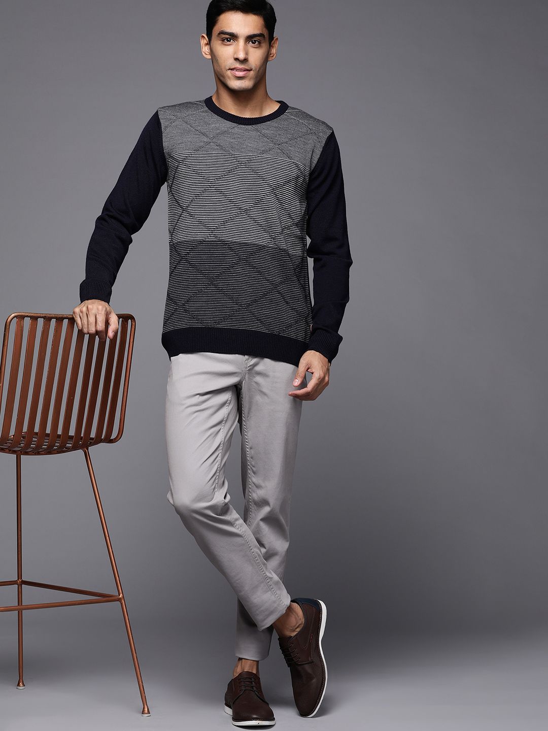 Raymond Men Navy Blue & Grey Striped Sweater