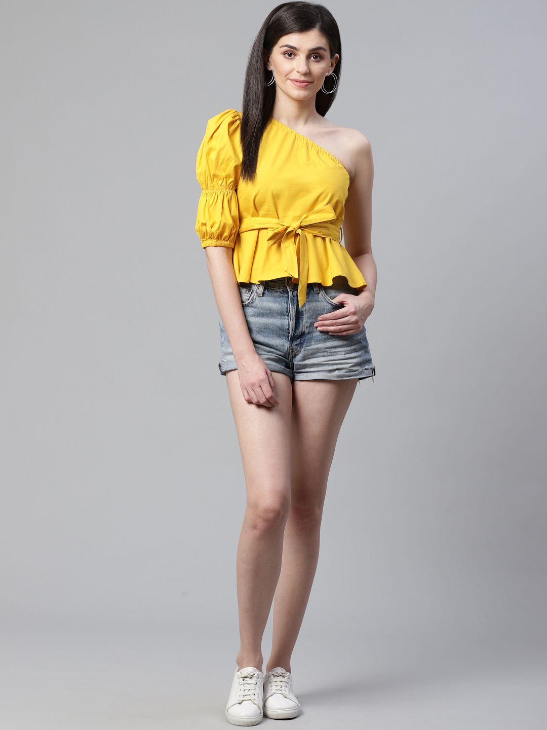STREET 9 Yellow One Shoulder Cinched Waist Pure Cotton Top