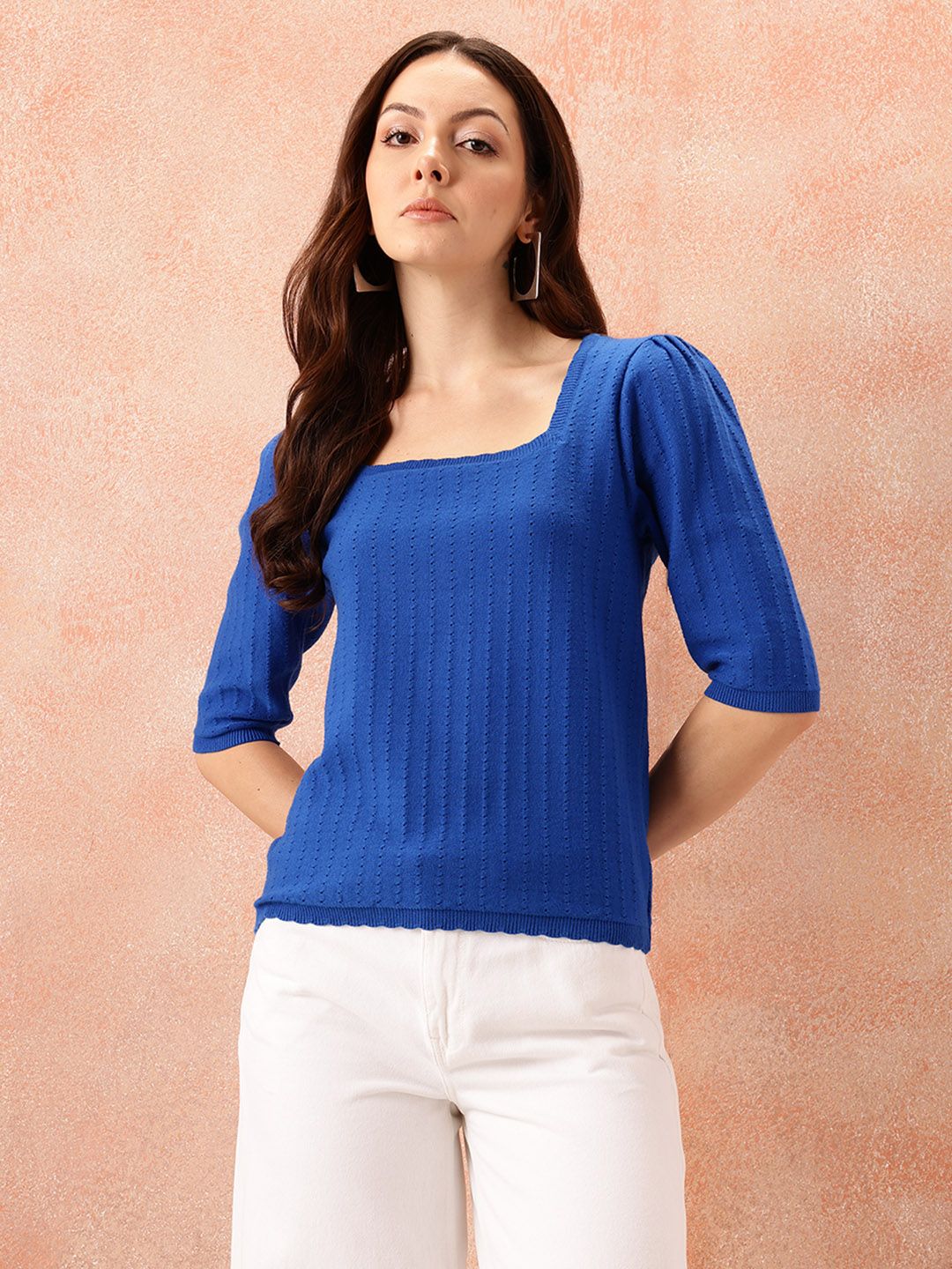 all about you Open Knit Puff Sleeve Top
