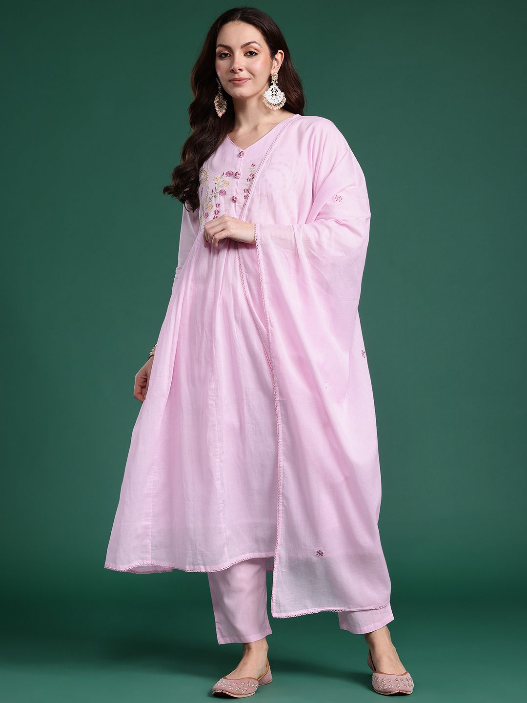 Indo Era Ethnic Motifs Embroidered Pure Cotton Kurta with Trousers & Dupatta
