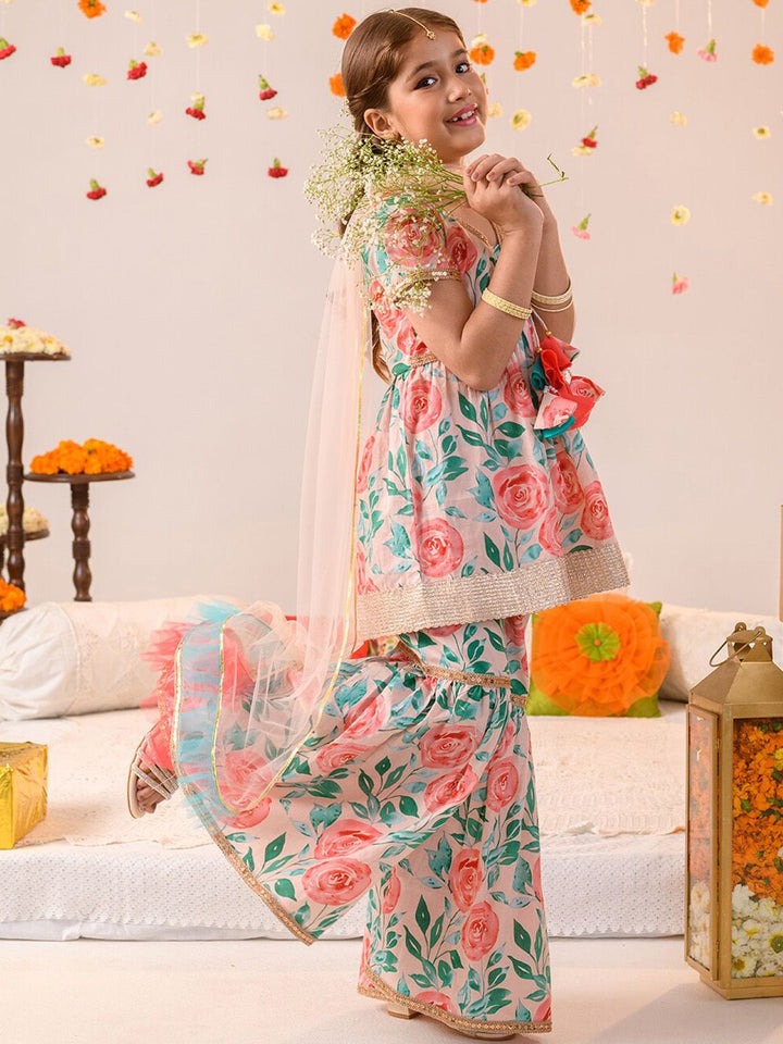 pspeaches Girls Floral Printed Pure Cotton Kurta With Sharara &  Dupatta