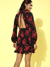 Berrylush Black & Red Floral Halter Neck Crepe A-Line Mini Dress