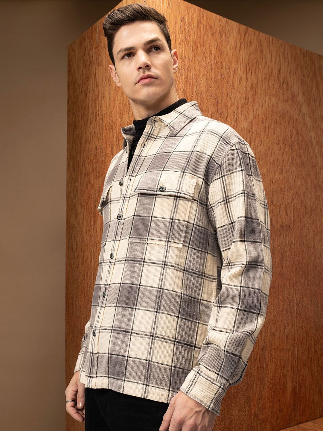 LOCOMOTIVE  Oversized Waffle Dobby Textured Checked Utility Pocket Overshirt
