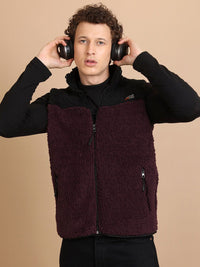 HIGHLANDER Black Self Design High Neck Sleeveless Front-Open Sweatshirt