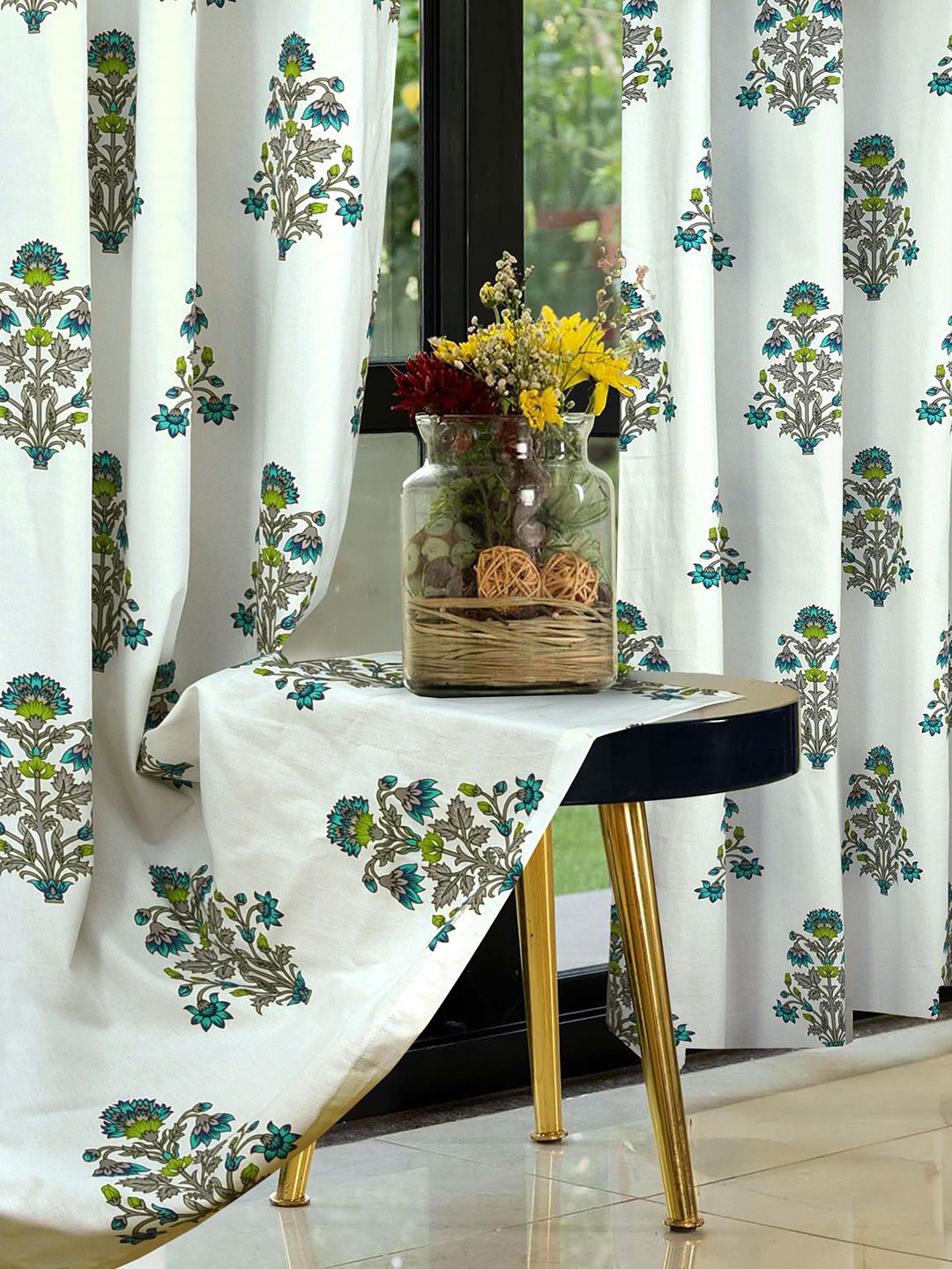 Cortina White & Green 2 Pieces Ethnic Motifs Printed Cotton Door Curtains