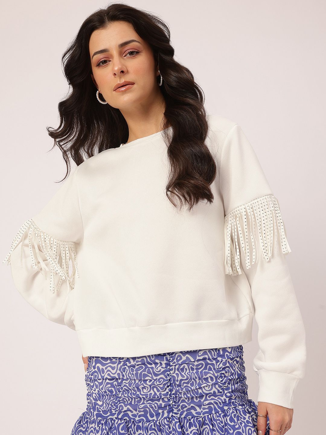 DressBerry Eclectic Ensemble Studded Fringed Sweatshirt
