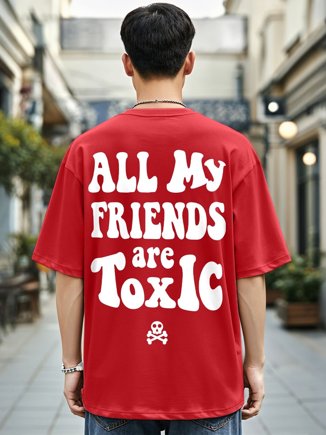 Bewakoof Men Red Typography Printed Drop-Shoulder Sleeves Oversized Cotton T-shirt