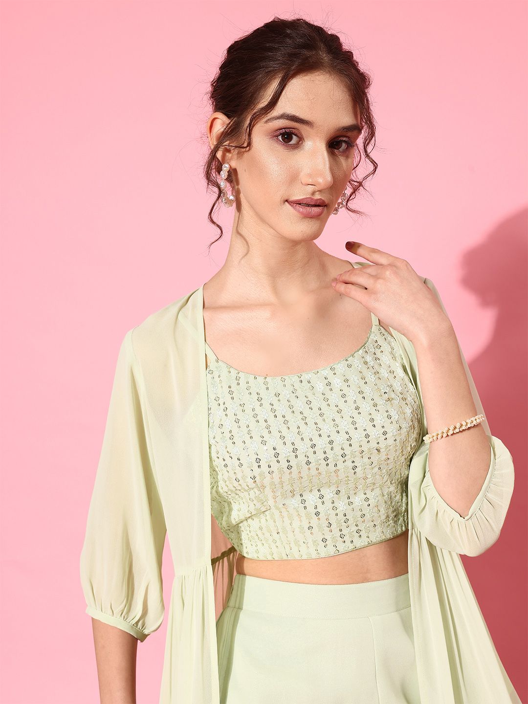 Libas Green Crop Top With Trousers & Shrug