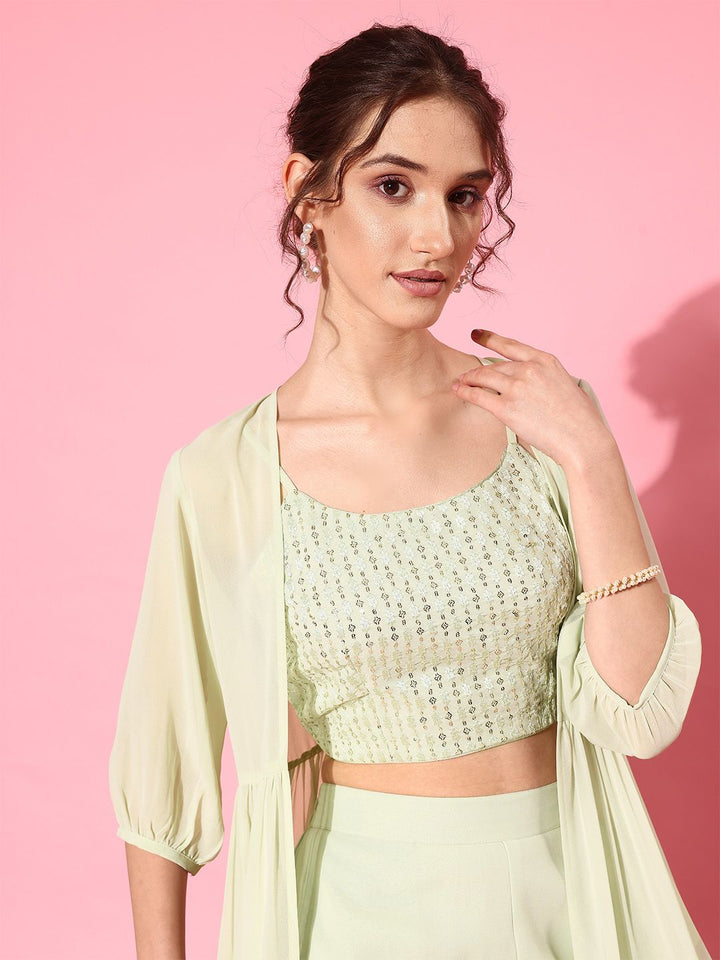 Libas Green Crop Top With Trousers & Shrug