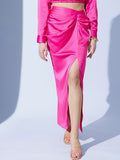 STREET 9 Fuchsia Pleated Satin Pencil Midi Skirt