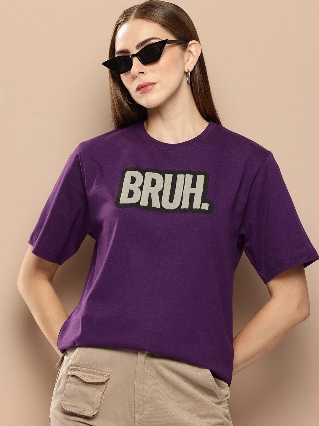 Difference of Opinion Women Typography Printed Embossed Oversized T-shirt