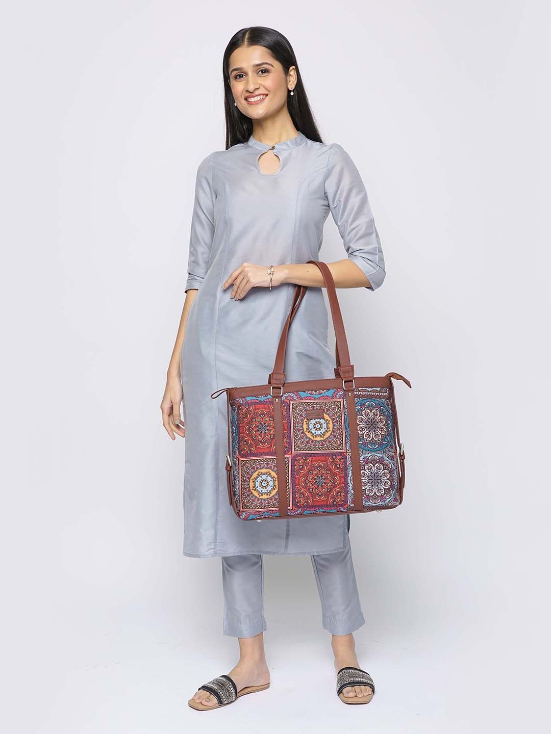 ZOUK Brown Ethnic Motifs Printed Laptop Structured Shoulder Bag