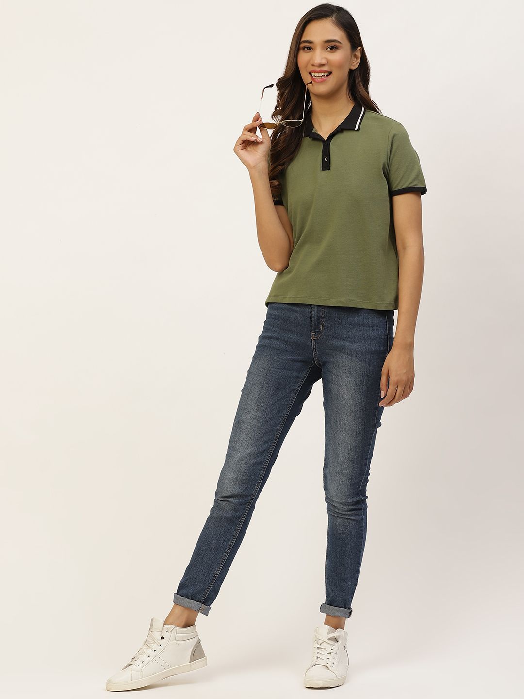 DressBerry Women Olive Green Polo Collar Pure Cotton T-shirt