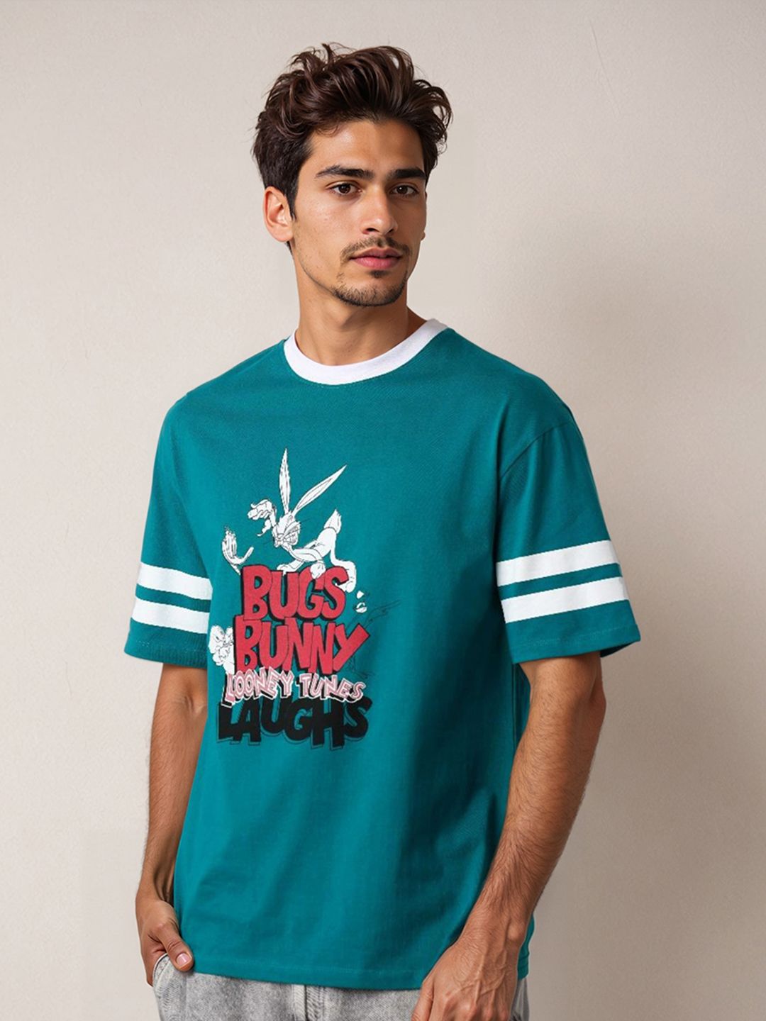 The Indian Garage Co Men Bugs Bunny Graphic Printed Pure Cotton Relaxed Fit T-shirt