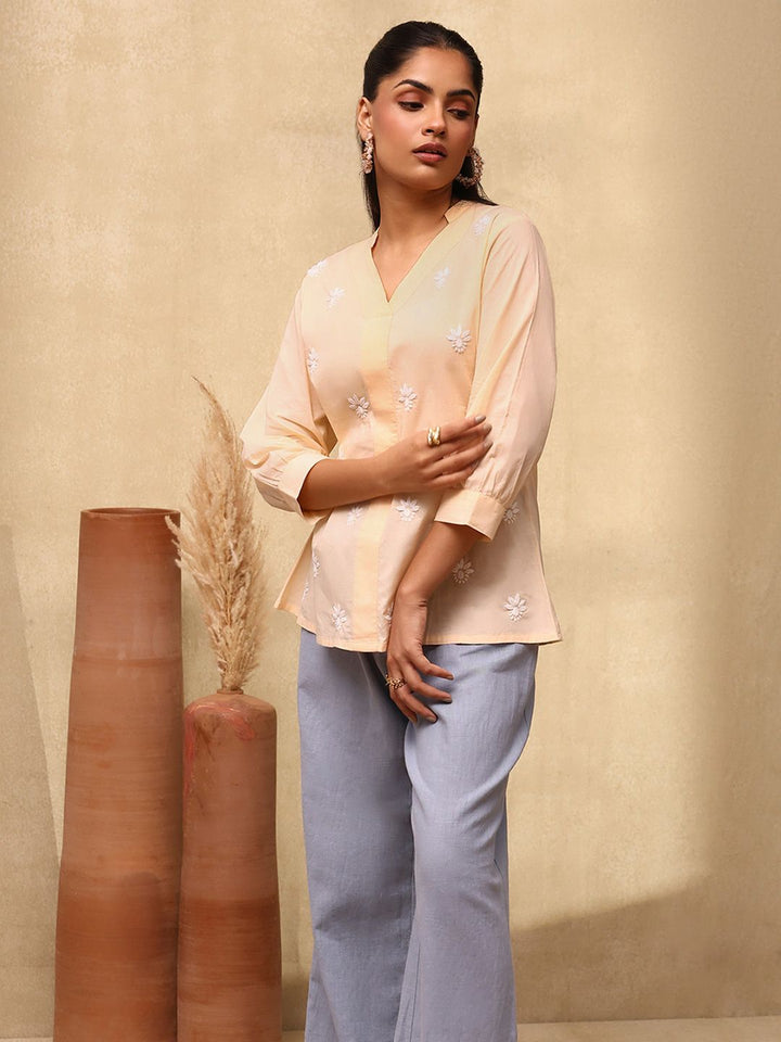 Rumah Chikankari Wanita Beige Cotton Chikankari Bordir Top