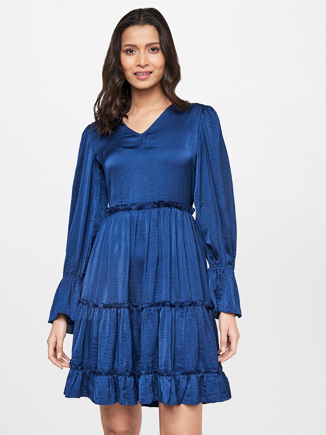 AND Navy Blue Solid Tiered Bell Sleeves Dress