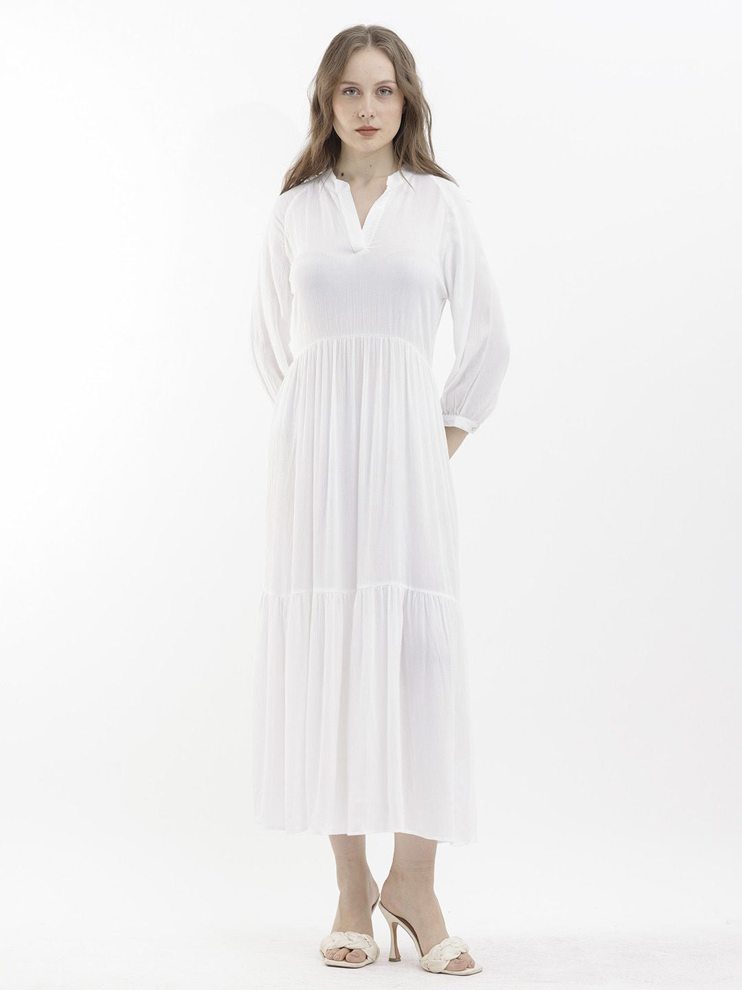RAREISM Mandarin Collar Cuffed Sleeves Gathered Tiered Fit & Flare Midi Dress