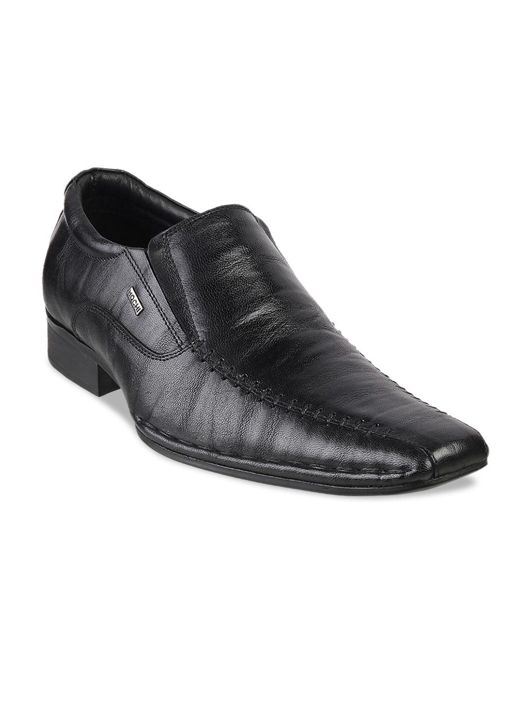 Mochi Men Black Solid Leather Formal Slip-Ons