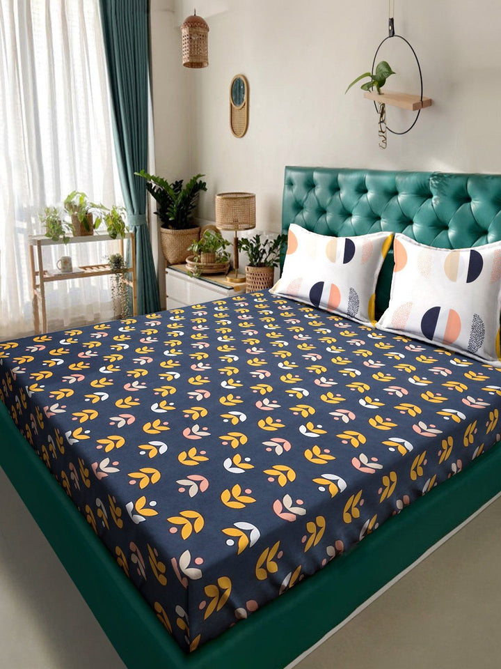 Myntra Elegant Homes Blue & Yellow Floral 300 TC King Bedsheet with 2 Pillow Covers