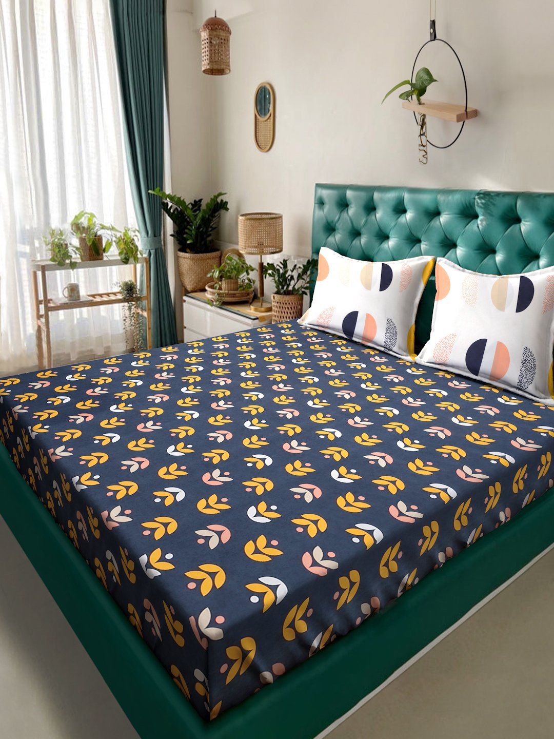 Myntra Elegant Homes Blue & Yellow Floral 300 TC King Bedsheet with 2 Pillow Covers
