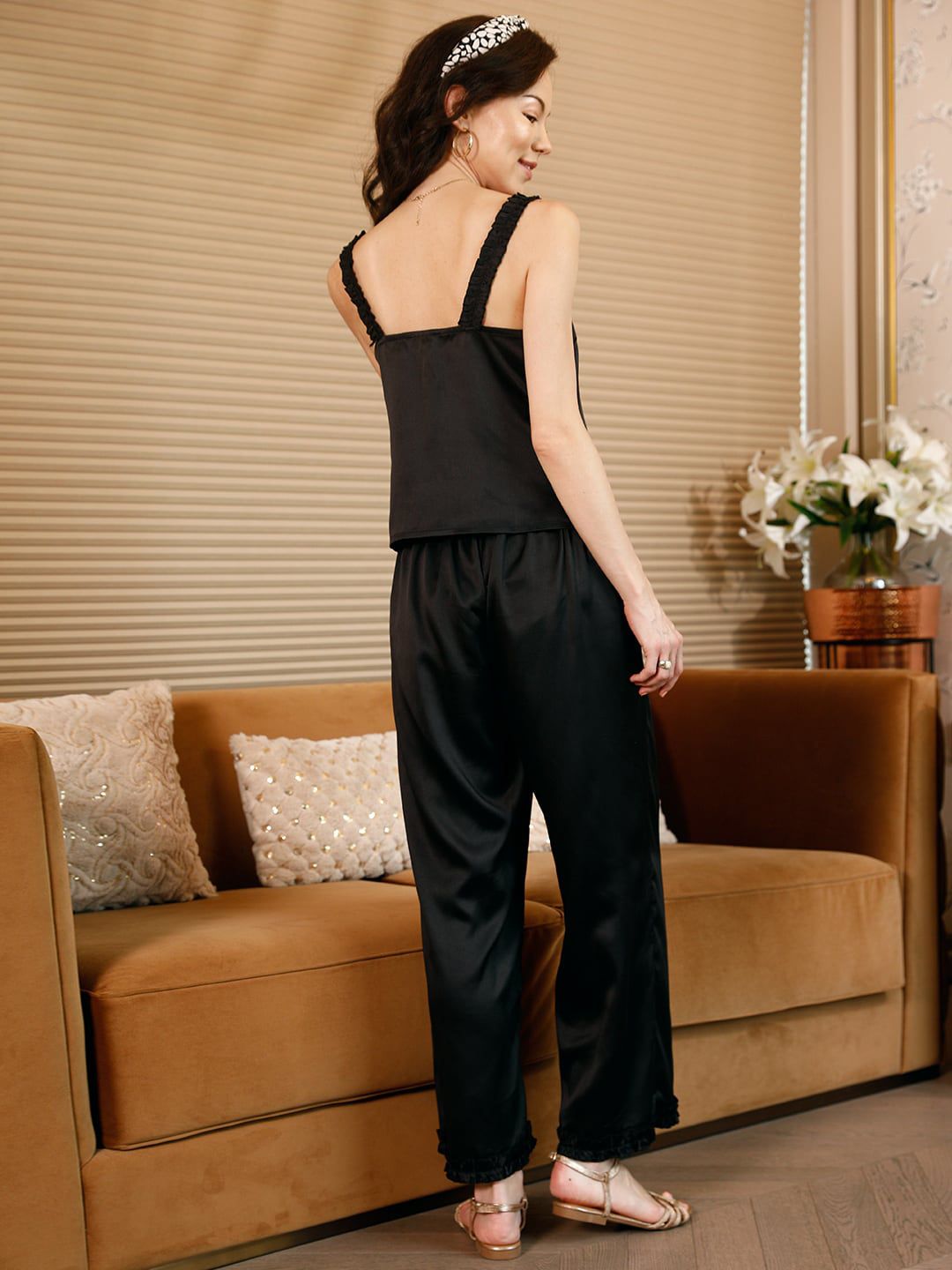 STREET 9 Black Shoulder Straps Ruffled Top & Trousers Co-Ords Set