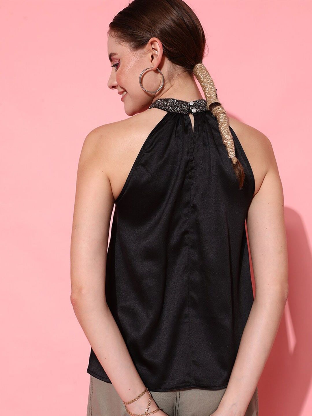 STREET 9 Women Black Embellished Halter Neck Top