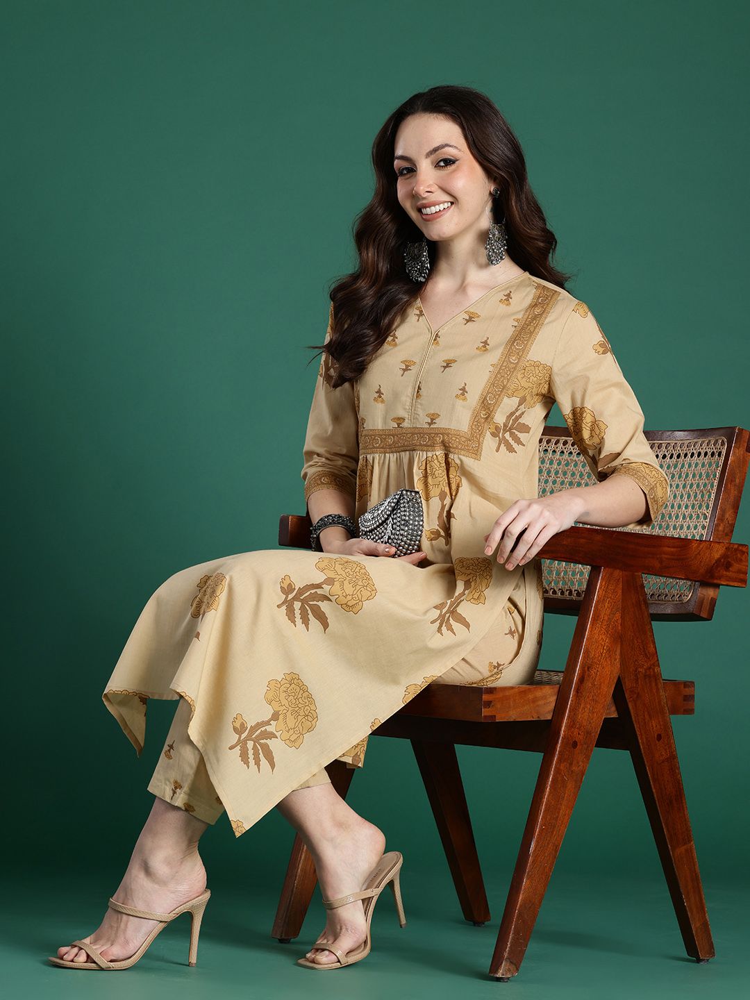 Indo era wanita bunga dicetak Kurta kapas tulen dengan seluar