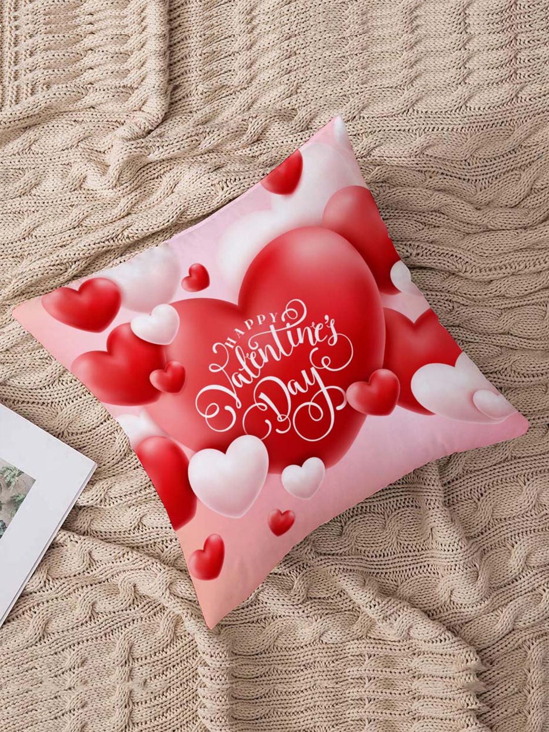 STITCHNEST White & Red Square Cushion Cover