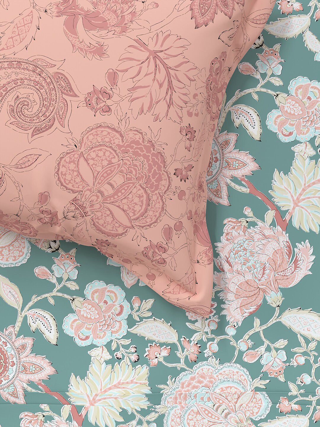 MYTRIDENT Green  White Ethnic Motifs Cotton 144 TC Queen Bedsheet With 2 Pillow Covers