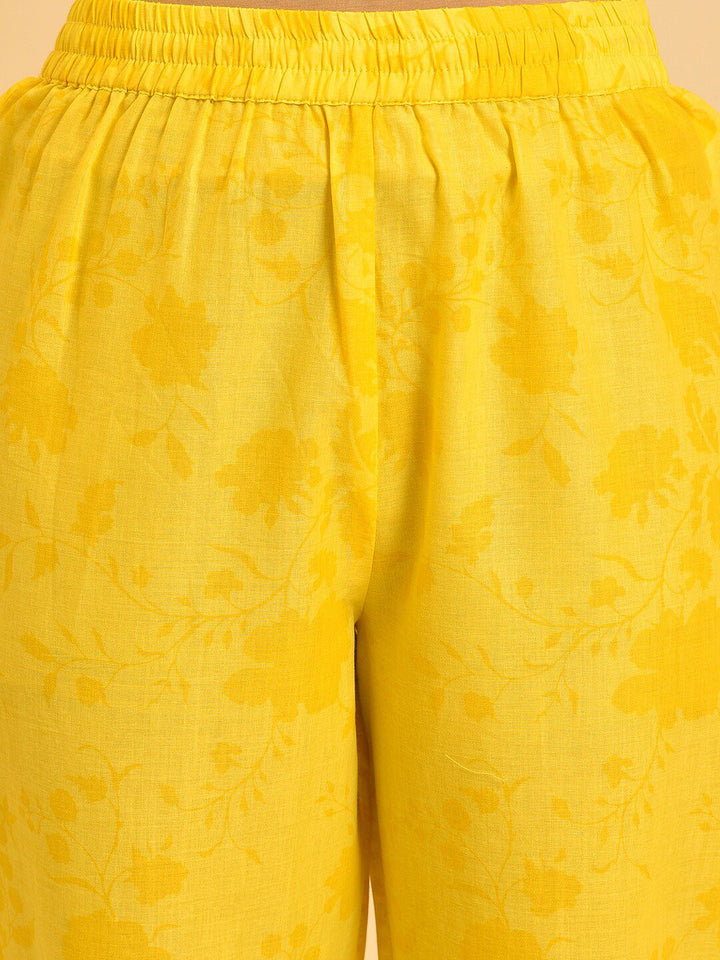 W Yellow & Purple Floral Printed Pure Cotton Kurta With Trousers