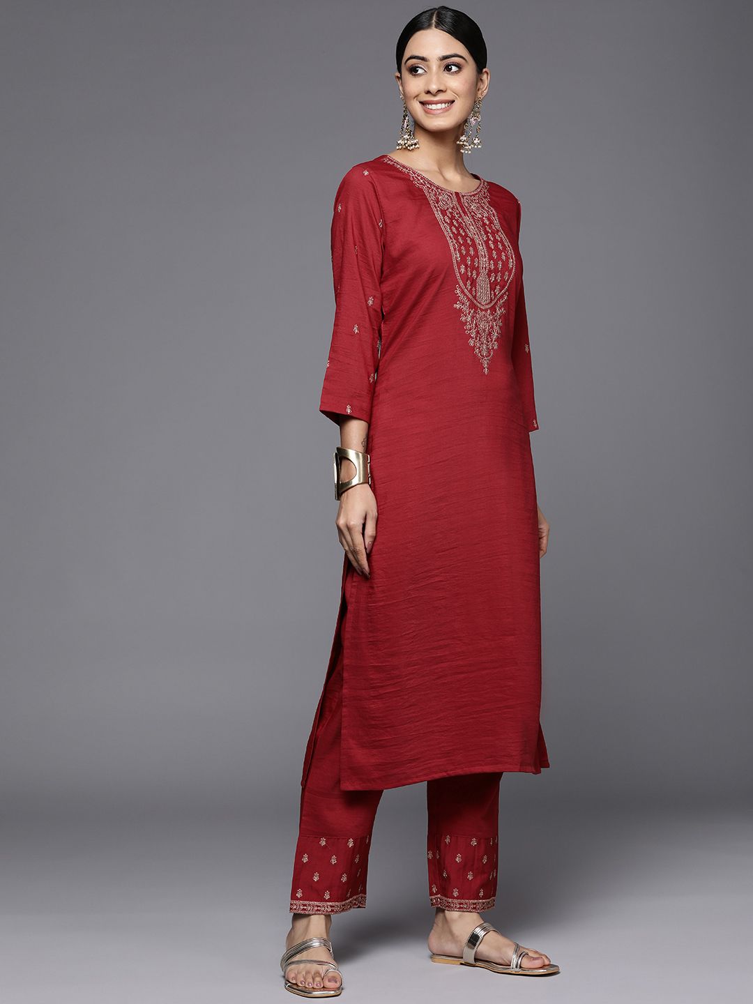 Varanga Women Maroon Ethnic Motifs Embroidered Kurta with Trousers & Dupatta