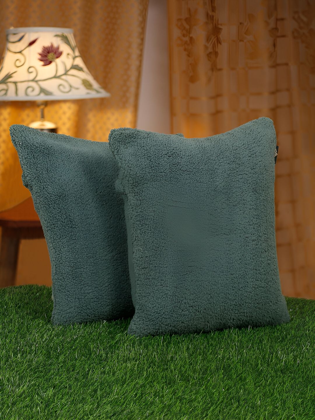 HOSTA HOMES Green 2 Pieces Soft Fur Square Cushion Covers