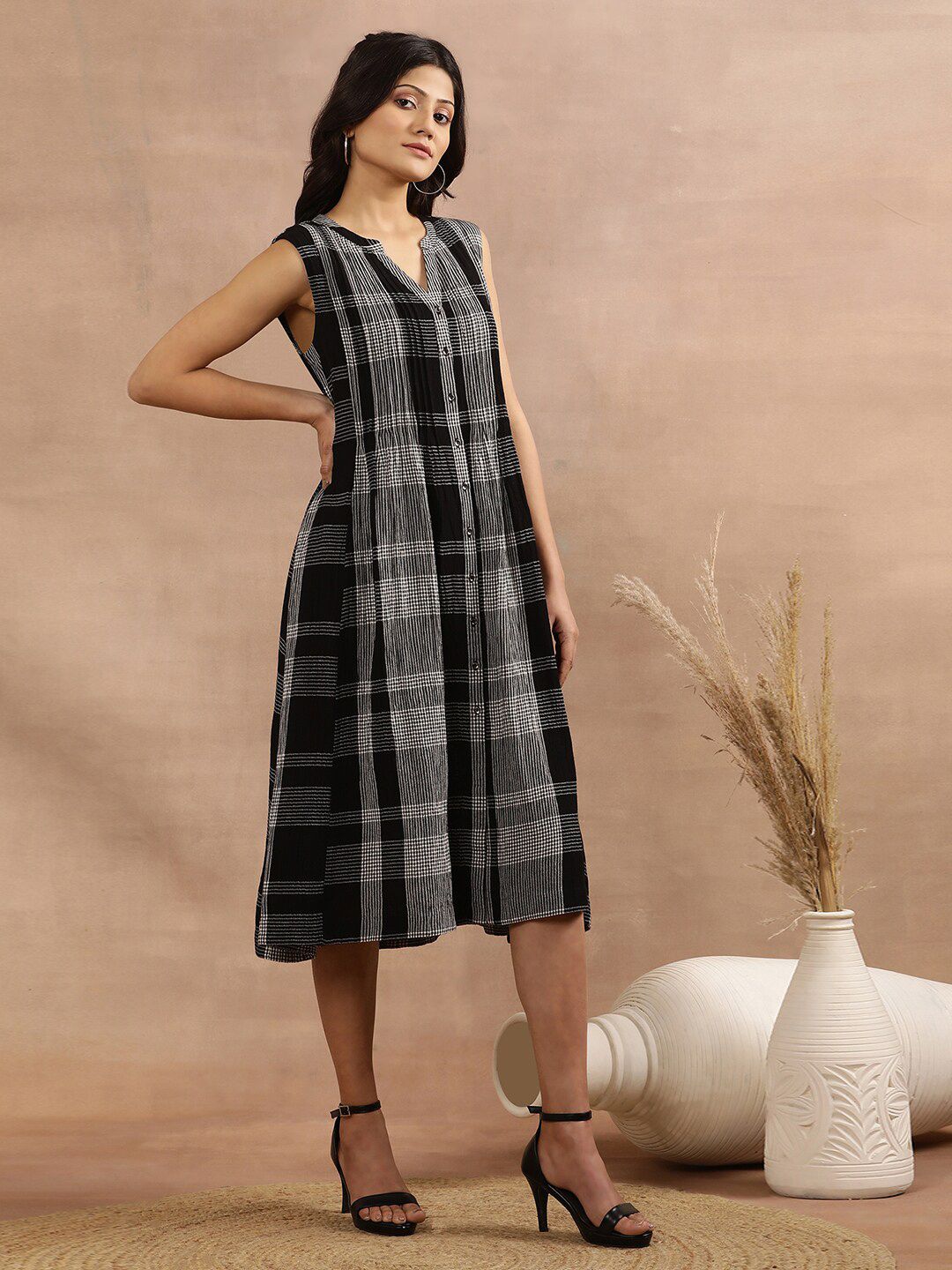 W Checked Mandarin Collar A-Line Midi Dress