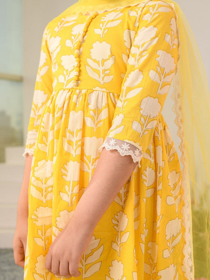 pspeaches Girls Floral Printed Regular Pure Cotton Kurta with Trousers & Dupatta
