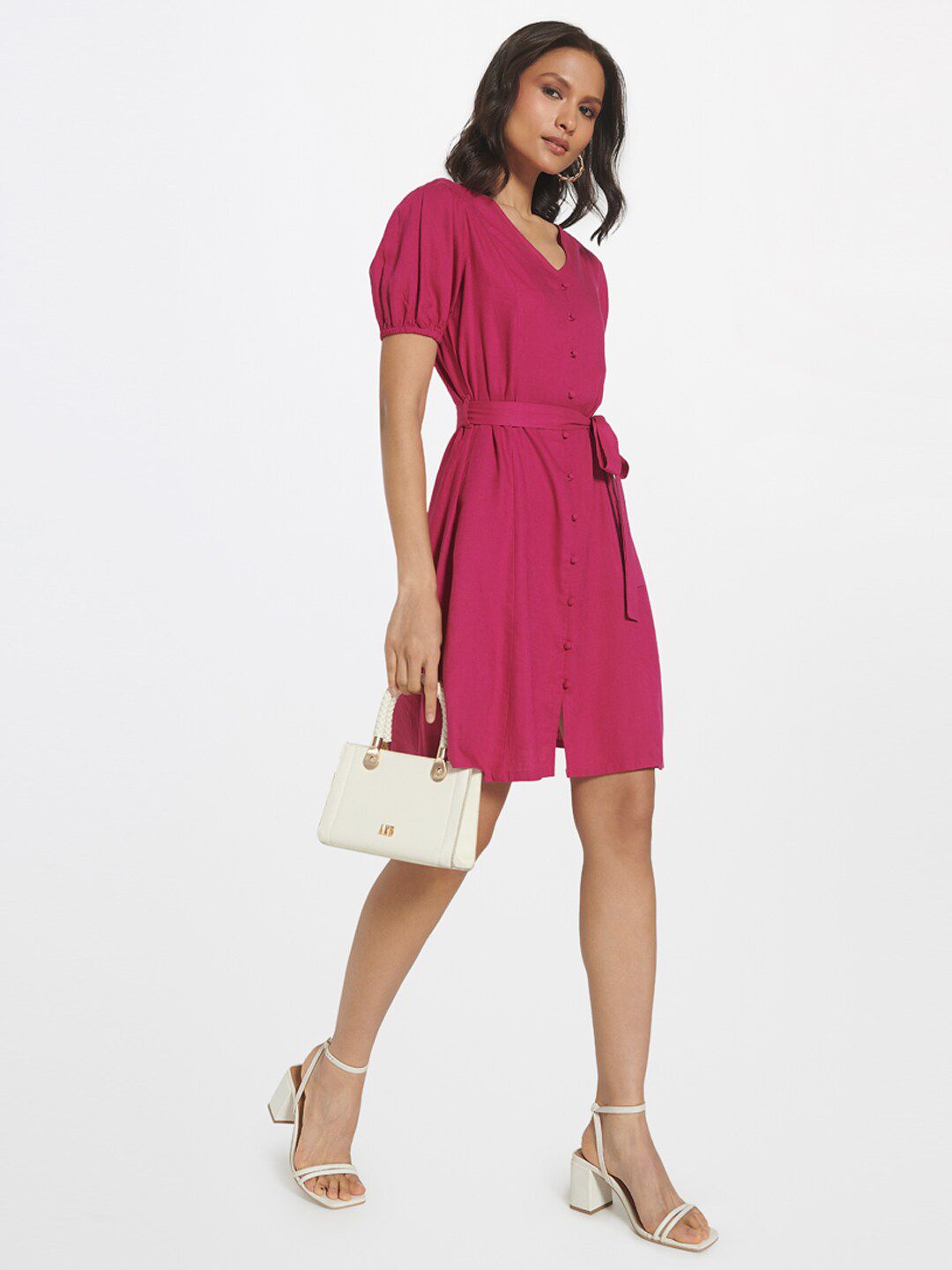 AND Magenta Colourblocked Puff Sleeve Linen A-Line Dress